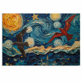 Starry Night Folk Art with Birds – Colorful Impressionist Sky Wall Art Print – Van Gogh Inspired Patriotic Red and Black Birds Soaring in Whimsical Night Sky on Ready to Hang 1.5" Thick Canvas Wrap, Floating Framed Canvas, Flat Rolled Canvas