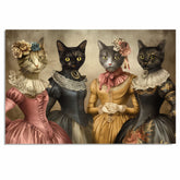 Victorian Cat Art Print Featuring Four Elegant Cats in Vintage Dresses Whimsical Hand Drawn Feline Portrait Illustration for Unique Gift or Wall Home Decor on Ready to Hang 1.5" Thick Canvas Wrap, Floating Framed Canvas, Flat Rolled Canvas
