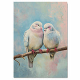 Elegant Lovebirds Perched on a Branch with Soft Blue and Pink Pastel Background on Ready to Hang 1.5" Thick Canvas Wrap, Floating Framed Canvas, Flat Rolled Canvas