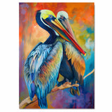 Radiant Pelican Pair Artwork with Bold Blue and Orange Plumage Perched on a Branch Against a Sunset-Inspired Abstract Background in Warm Tropical Hues on Ready to Hang 1.5" Thick Canvas Wrap, Floating Framed Canvas, Flat Rolled Canvas