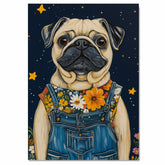 Whimsical Dog Wall Art Pug Wearing Floral Overalls Perfect for Nursery Decor Farmhouse Bedroom Art Playful Country Cottage Gifts for Dog Lovers and Kids on Ready to Hang 1.5" Thick Canvas Wrap, Floating Framed Canvas, Flat Rolled Canvas