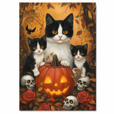 Haunted Forest Whispers: Tuxedo Cat Mom and Two Kittens with Pumpkin and Skeleton on Ready to Hang 1.5" Thick Canvas Wrap, Floating Framed Canvas, Flat Rolled Canvas
