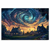 Patriotic Village Under Swirling Starry Sky – 4th of July Folk Art Print on Ready to Hang 1.5" Thick Canvas Wrap, Floating Framed Canvas, Flat Rolled Canvas