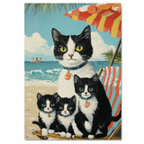 Seaside Serenity: Tuxedo Cat Mom and Three Kittens Relaxing Under a Beach Umbrella on Ready to Hang 1.5" Thick Canvas Wrap, Floating Framed Canvas, Flat Rolled Canvas