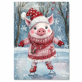 Adorable Christmas Pig Ice Skating in Red Plaid Dress and Santa Hat – Whimsical Winter Nursery Wall Art, Festive Farm Animal Decor or Cute Holiday Gift on Ready to Hang 1.5" Thick Canvas Wrap, Floating Framed Canvas, Flat Rolled Canvas