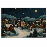 Christmas Folk Art Village at Night with Snowy Houses, Pine Trees, Twinkling Lights, and a Glowing Full Moon on Ready to Hang 1.5" Thick Canvas Wrap, Floating Framed Canvas, Flat Rolled Canvas
