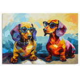 Colorful Dachshund Dog Art Print Featuring Two Playful Dogs in Sunglasses Bright Pop Style Pet Illustration for Fun Home Decor or Unique Gift Idea on Ready to Hang 1.5" Thick Canvas Wrap, Floating Framed Canvas, Flat Rolled Canvas