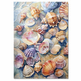 Watercolor Painting of Colorful Assorted Seashells on the Shore with Ocean Foam and Natural Beach Tones on Ready to Hang 1.5" Thick Canvas Wrap, Floating Framed Canvas, Flat Rolled Canvas