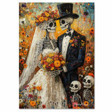 Skeleton Bride and Groom Wedding in Autumn Garden – Vibrant Día de los Muertos Style Painting on Ready to Hang 1.5" Thick Canvas Wrap, Floating Framed Canvas, Flat Rolled Canvas