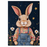 Bunny Wall Art Cute Rabbit in Overalls with Flowers Farmhouse Decor for Bedroom Nursery or Gifts for Animal Lovers and Cottagecore and Country Home Fans on Ready to Hang 1.5" Thick Canvas Wrap, Floating Framed Canvas, Flat Rolled Canvas