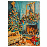 A Vintage Christmas Scene of a Living Room With Christmas Tree, Puppies & Gifts on Ready to Hang 1.5" Thick Canvas Wrap, Floating Framed Canvas, Flat Rolled Canvas