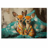 Painting of Two Adorable Deer in Colorful Pajamas Sitting Together on a Bed with Big Eyes Surrounded by Soft Pillows in a Cozy Whimsical and Playful Setting on Ready to Hang 1.5" Thick Canvas Wrap, Floating Framed Canvas, Flat Rolled Canvas