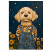 Golden Dog Wall Art Wearing Floral Overalls Whimsical Animal Nursery Decor Farmhouse Bedroom Wall Art Country Cottage Room Decor Gift for Dog Lovers on Ready to Hang 1.5" Thick Canvas Wrap, Floating Framed Canvas, Flat Rolled Canvas