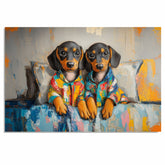 Painting of Two Cute Dachshund Puppies in Colorful Pajamas Sitting on a Bed with Big Eyes and Floppy Ears in a Whimsical Cozy Setting with Playful Brush Strokes on Ready to Hang 1.5" Thick Canvas Wrap, Floating Framed Canvas, Flat Rolled Canvas