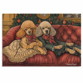 Dog Christmas Canvas - "Poodle Pampering" - Elegant Poodles Lounging on a Vintage Red Ornate Sofa on Ready to Hang 1.5" Thick Canvas Wrap, Floating Framed Canvas, Flat Rolled Canvas