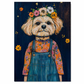 Whimsical Dog Wall Art Fluffy Pup Wearing Floral Overalls Perfect for Nursery Decor Farmhouse Bedroom Art Playful Country Cottage Gifts for Dog Lovers and Kids on Ready to Hang 1.5" Thick Canvas Wrap, Floating Framed Canvas, Flat Rolled Canvas