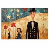 Whimsical 4th of July Folk Art Print – Patriotic Family Celebration with Stars and Stripes on Ready to Hang 1.5" Thick Canvas Wrap, Floating Framed Canvas, Flat Rolled Canvas