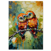 Textured Owl Pair Artwork Featuring Bright Orange Red and Blue Tones with Expressive Eyes on a Branch Against a Bold Green Yellow and Teal Abstract Background on Ready to Hang 1.5" Thick Canvas Wrap, Floating Framed Canvas, Flat Rolled Canvas