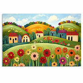 Bright Folk Art Canvas – Colorful Cottages and Bold Flowers on Rolling Hills with Sunny Sky Background on Ready to Hang 1.5" Thick Canvas Wrap, Floating Framed Canvas, Flat Rolled Canvas