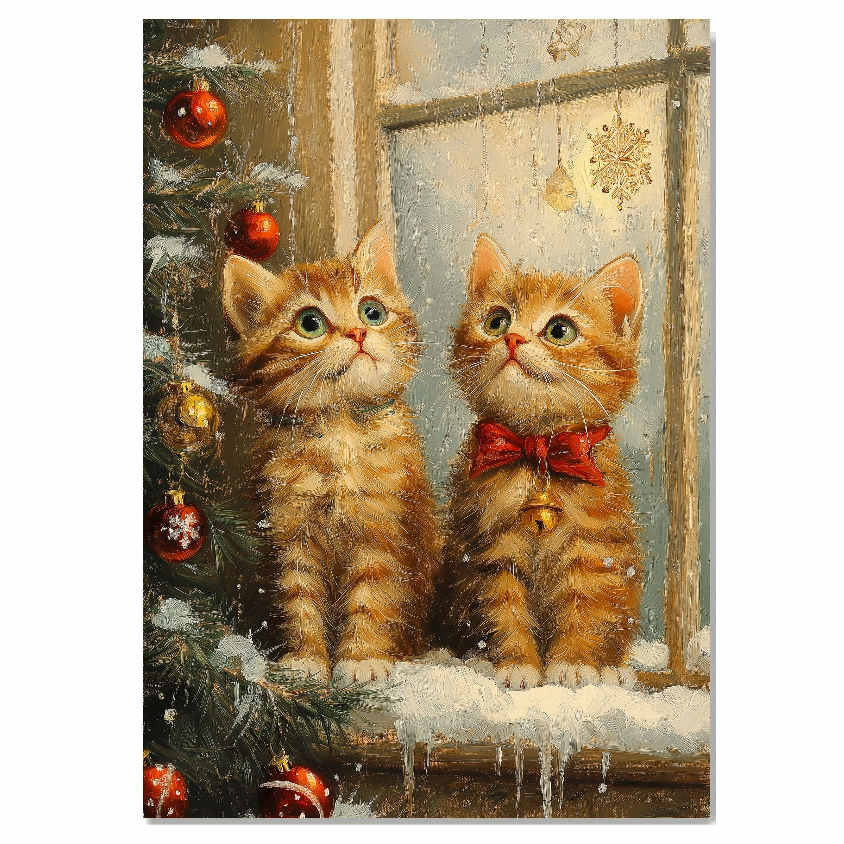 Vintage Christmas Kittens Canvas Wall Art Cozy Winter Holiday Decor