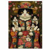 Blossom Embrace: Tuxedo Cat Mom Carrying Three Kittens in a Floral Wonderland on Ready to Hang 1.5" Thick Canvas Wrap, Floating Framed Canvas, Flat Rolled Canvas