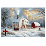 Cozy Winter Painting of Snowy White House with Red Barn, Horse Wagon, and Glowing Lights at Sunset in Countryside on Ready to Hang 1.5" Thick Canvas Wrap, Floating Framed Canvas, Flat Rolled Canvas