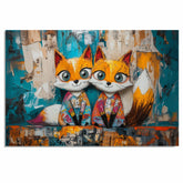 Whimsical Painting of Two Cute Foxes with Big Eyes in Colorful Pajamas Sitting Side by Side Against a Bold Abstract Background in Teal and Orange on Ready to Hang 1.5" Thick Canvas Wrap, Floating Framed Canvas, Flat Rolled Canvas