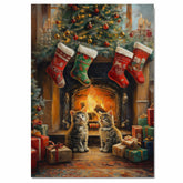 Adorable Christmas Kittens Sitting by Fireplace with Stockings and Tree Festive Holiday Scene Perfect for Home Winter Decor and Seasonal Gift on Ready to Hang 1.5" Thick Canvas Wrap, Floating Framed Canvas, Flat Rolled Canvas
