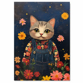 Adorable Gray Tabby Cat in Overalls Hand Painted Floral Art Whimsical Night Scene Perfect for Nursery Kids Room Bedroom Wall Decor or Gifts for Cat Lovers on Ready to Hang 1.5" Thick Canvas Wrap, Floating Framed Canvas, Flat Rolled Canvas