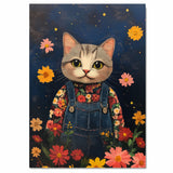 Adorable Gray Tabby Cat in Overalls Hand Painted Floral Art Whimsical Night Scene Perfect for Nursery Kids Room Bedroom Wall Decor or Gifts for Cat Lovers on Ready to Hang 1.5" Thick Canvas Wrap, Floating Framed Canvas, Flat Rolled Canvas