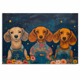 Whimsical Trio of Dachshund Dogs in Overalls and Floral Shirts Under Stars Fun and Cheerful Pet Wall Decor for Bedroom Nursery or Gift for Dog Lovers on Ready to Hang 1.5" Thick Canvas Wrap, Floating Framed Canvas, Flat Rolled Canvas