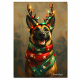 Rustic Antlers - Belgian Malinois Dog with Lighted Antlers & Festive Scarf on Rustic Canvas, Ready to Hang 1.5" Thick Canvas Wrap, Floating Framed Canvas, Flat Rolled Canvas