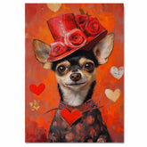 Rose of Elegance: Chihuahua in a Glamorous Red Dress and Red Hat Adorned with a Rose Timeless Romantic Painting on Ready to Hang 1.5" Thick Canvas Wrap, Floating Framed Canvas, Flat Rolled Canvas