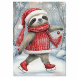 Christmas Sloth Ice Skating Art Print – Whimsical Red Sweater & Ornament Illustration, Holiday Winter Nursery Wall Decor, Cozy Woodland Animal Canvas on Ready to Hang 1.5" Thick Canvas Wrap, Floating Framed Canvas, Flat Rolled Canvas