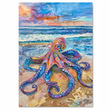 Watercolor Painting of a Colorful Octopus on Seashore with Ocean Waves and Dramatic Sky in Vibrant Coastal Sunset Scene on Ready to Hang 1.5" Thick Canvas Wrap, Floating Framed Canvas, Flat Rolled Canvas