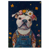 Cute Plump Dog in Overalls Painting Adorable Floral Crown Pup Artwork Perfect for Cozy Home Office Nursery Dog Lovers Wall Decor Gift for Pet and Art Enthusiasts on Ready to Hang 1.5" Thick Canvas Wrap, Floating Framed Canvas, Flat Rolled Canvas