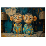 Whimsical Painting of Two Monkeys in Blue Floral Pajamas Sitting on a Bed Between Lamps with Playful Expressions and a Dark Teal Abstract Background on Ready to Hang 1.5" Thick Canvas Wrap, Floating Framed Canvas, Flat Rolled Canvas