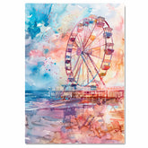 Watercolor Painting of a Ferris Wheel on a Pier with Colorful Reflections and Vibrant Skies at Sunset on Ready to Hang 1.5" Thick Canvas Wrap, Floating Framed Canvas, Flat Rolled Canvas