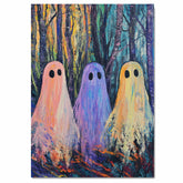 Three Colorful Ghosts in a Vibrant Abstract Forest, Spooky Yet Playful Halloween-Inspired Scene with Bold Brushstrokes and Bright Neon Paint Textures on Ready to Hang 1.5" Thick Canvas Wrap, Floating Framed Canvas, Flat Rolled Canvas