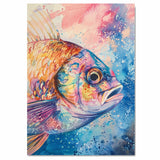 Expressive Watercolor Fish Close-Up in Multicolor with Blue and Pink Ocean Splash Background Illustration Art Print on Ready to Hang 1.5" Thick Canvas Wrap, Floating Framed Canvas, Flat Rolled Canvas
