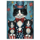 Stars, Stripes & Whiskers: Tuxedo Cat Mom with Two Kittens in a Patriotic Setting - American-Themed Painting on Ready to Hang 1.5" Thick Canvas Wrap, Floating Framed Canvas, Flat Rolled Canvas