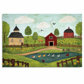 Whimsical Farm Folk Art Print with Red Barn Ducks and Flowers Hand Drawn Country Scene Illustration for Rustic Kitchen Wall Decor or Charming Gift Idea on Ready to Hang 1.5" Thick Canvas Wrap, Floating Framed Canvas, Flat Rolled Canvas
