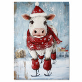 Adorable Christmas Cow Ice Skating in Santa Hat with Red Scarf Festive Farm Animal Illustration for Country Holiday Decor and Whimsical Winter Cheer on Ready to Hang 1.5" Thick Canvas Wrap, Floating Framed Canvas, Flat Rolled Canvas