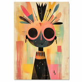 Colorful Abstract Tribal Character Art in Mid-Century Modern Style with Bold Feathers and Whimsical Expression for Living Room or Office Display on Ready to Hang 1.5" Thick Canvas Wrap, Floating Framed Canvas, Flat Rolled Canvas