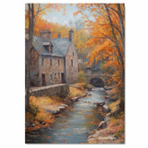 Autumn Stream Running by the Cottage – Rustic Fall Landscape Oil Painting Print on Ready to Hang 1.5" Thick Canvas Wrap, Floating Framed Canvas, Flat Rolled Canvas