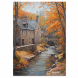 Autumn Stream Running by the Cottage – Rustic Fall Landscape Oil Painting Print on Ready to Hang 1.5" Thick Canvas Wrap, Floating Framed Canvas, Flat Rolled Canvas