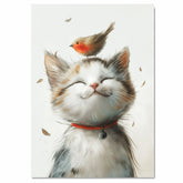 Adorable Painting of a Smiling Kitten with a Robin on Its Head and Red Collar Perfect for Whimsical Animal Decor or a Gift for Cat and Bird Lovers on Ready to Hang 1.5" Thick Canvas Wrap, Floating Framed Canvas, Flat Rolled Canvas