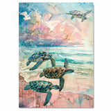 Four Sea Turtles Swimming in a Pastel Ocean Watercolor with Splash Texture and Expressive Beach Horizon Art on Ready to Hang 1.5" Thick Canvas Wrap, Floating Framed Canvas, Flat Rolled Canvas