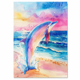 Watercolor Painting of Colorful Dolphin Leaping from Ocean Waves at Sunset with Splashing Water and Vibrant Sky in Pastel Tones on Ready to Hang 1.5" Thick Canvas Wrap, Floating Framed Canvas, Flat Rolled Canvas