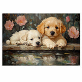Puppies with Roses by the Pond – Romantic Dog Wall Art on Ready to Hang 1.5" Thick Canvas Wrap, Floating Framed Canvas, Flat Rolled Canvas